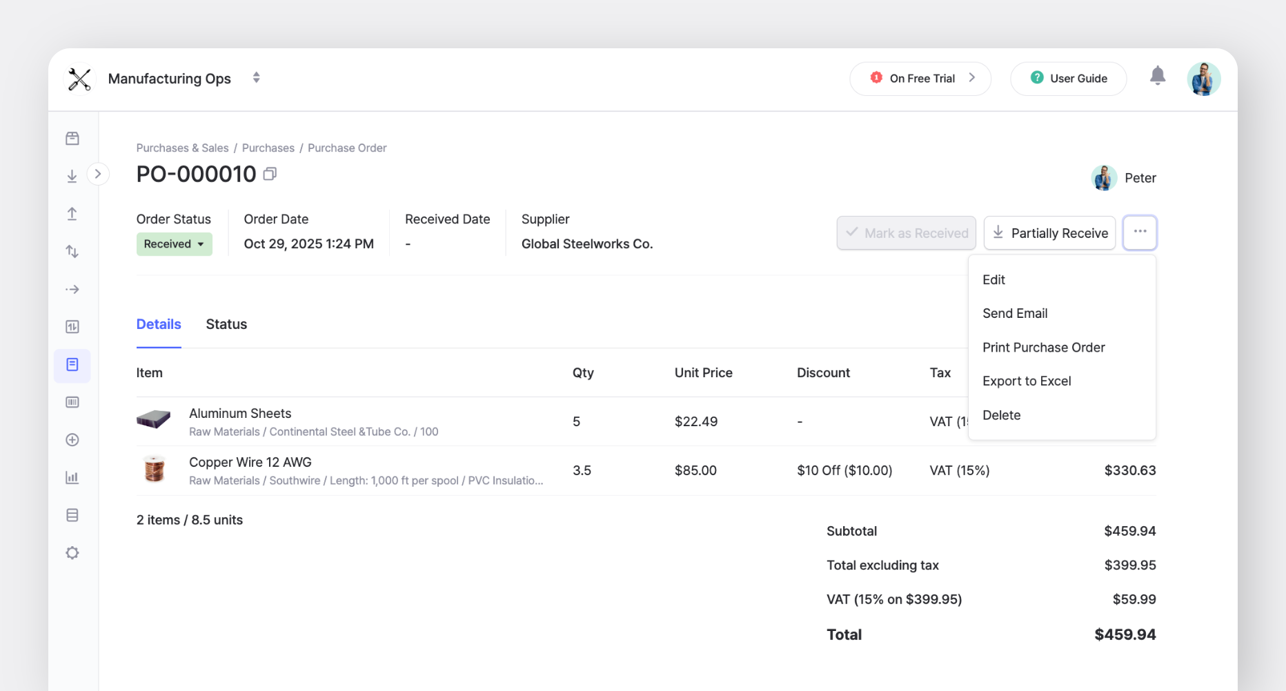 Purchase order detail page in BoxHero with order status, supplier, item list, and dropdown menu for edit, send, print, or export options