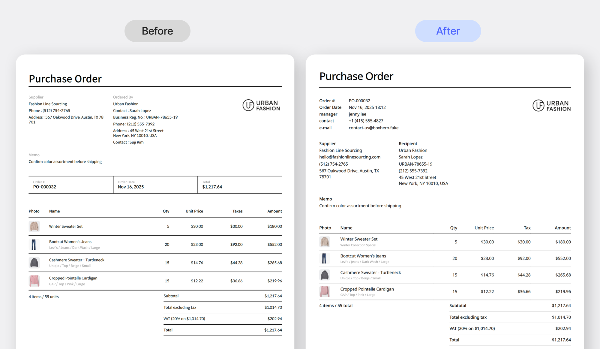 Before and after comparison of the Purchase Order layout