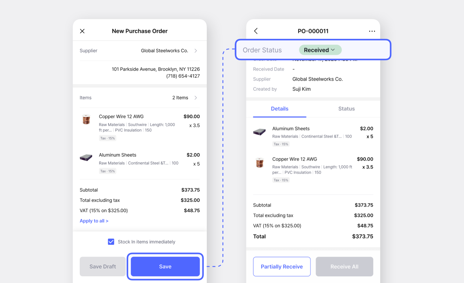 Stocking in items and saving a new purchase order in the BoxHero mobile app to mark as order status as "Received."