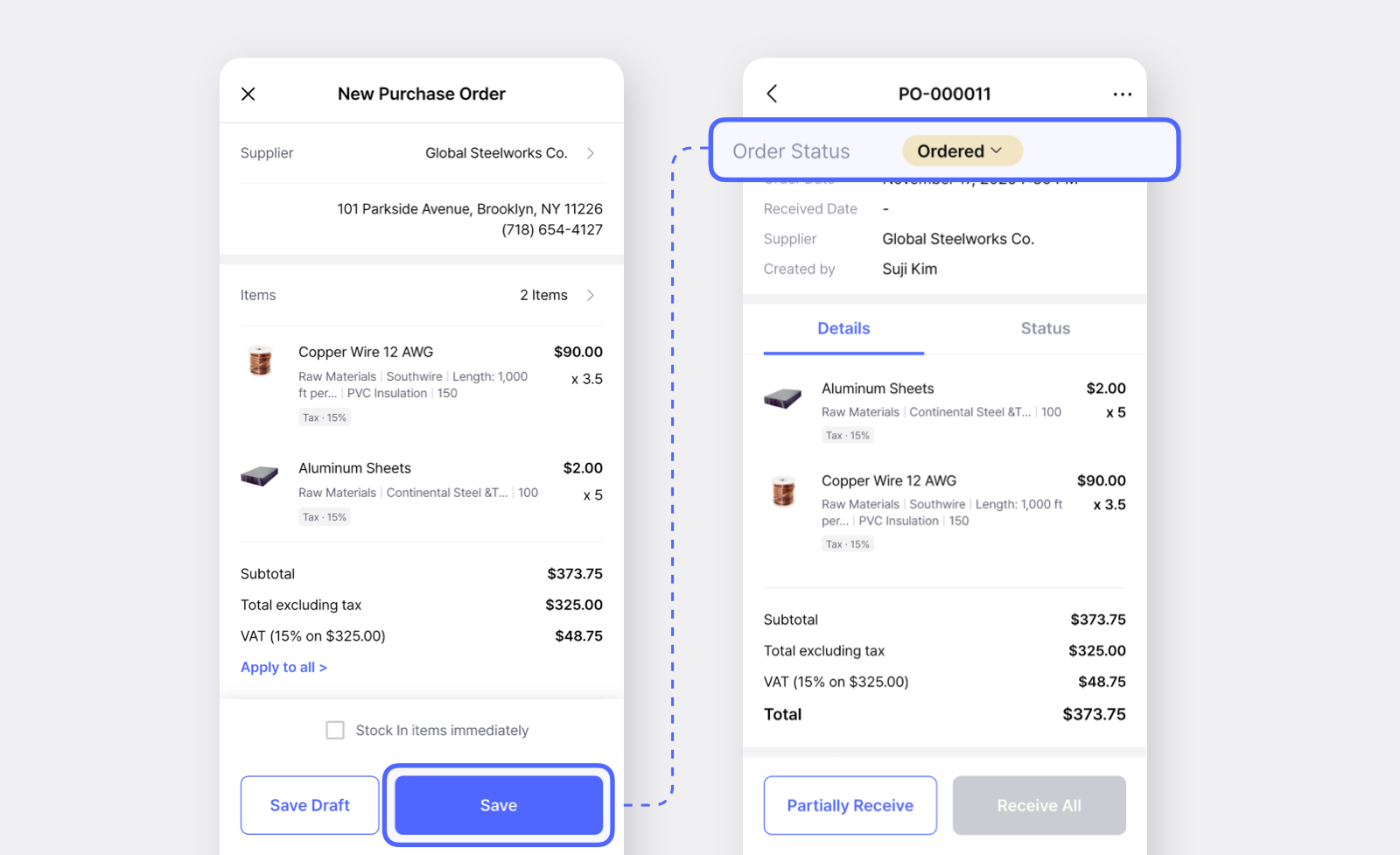 Saving a new purchase order in the BoxHero mobile app to mark as "Ordered."