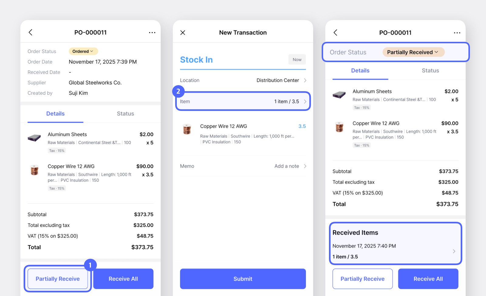 Receiving items in BoxHero mobile showing partial receipt update and automatic order status change to "Partially Received."