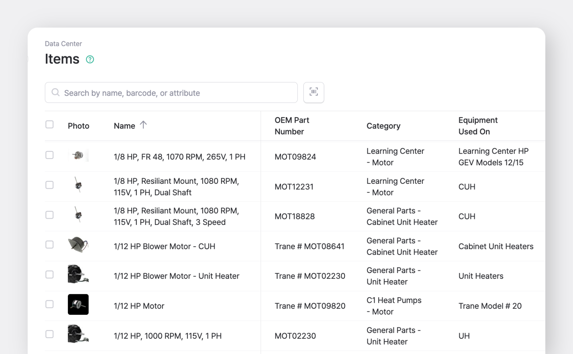 BoxHero Data Center > Items Screenshot of HVAC Items with their OEM Part Numbers