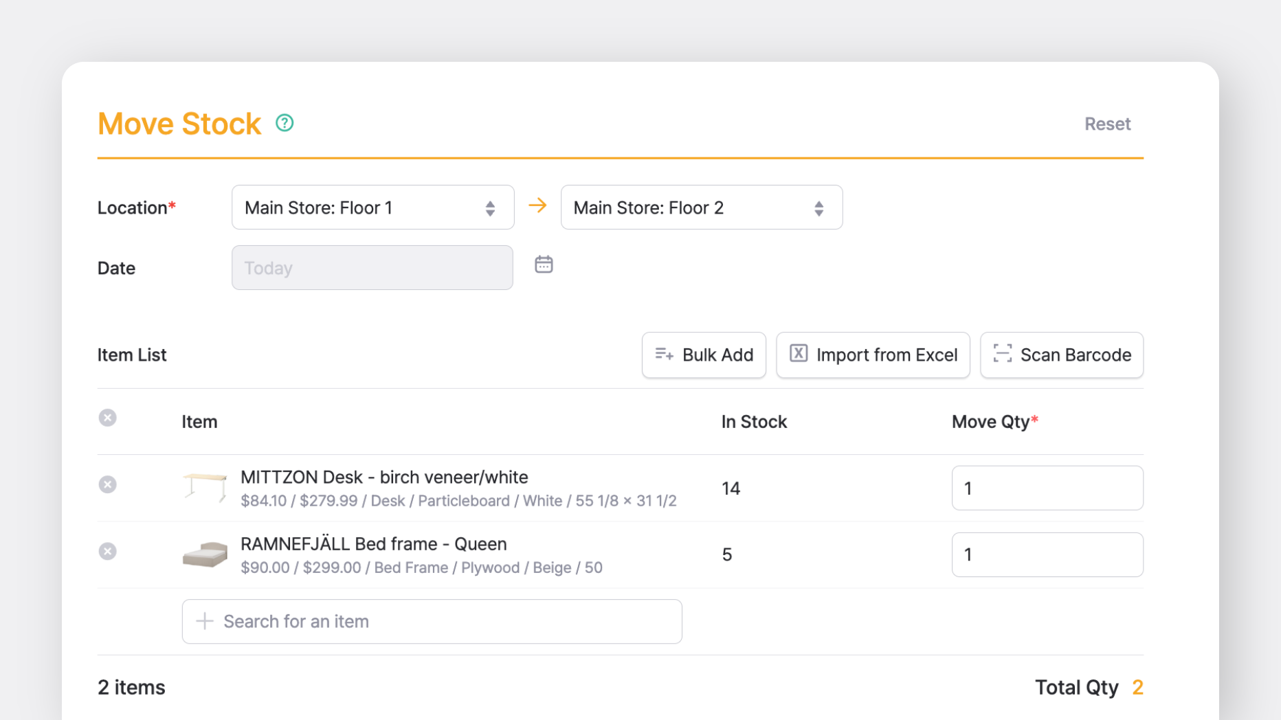 BoxHero "Move Stock" transaction to transfer items from one place to another