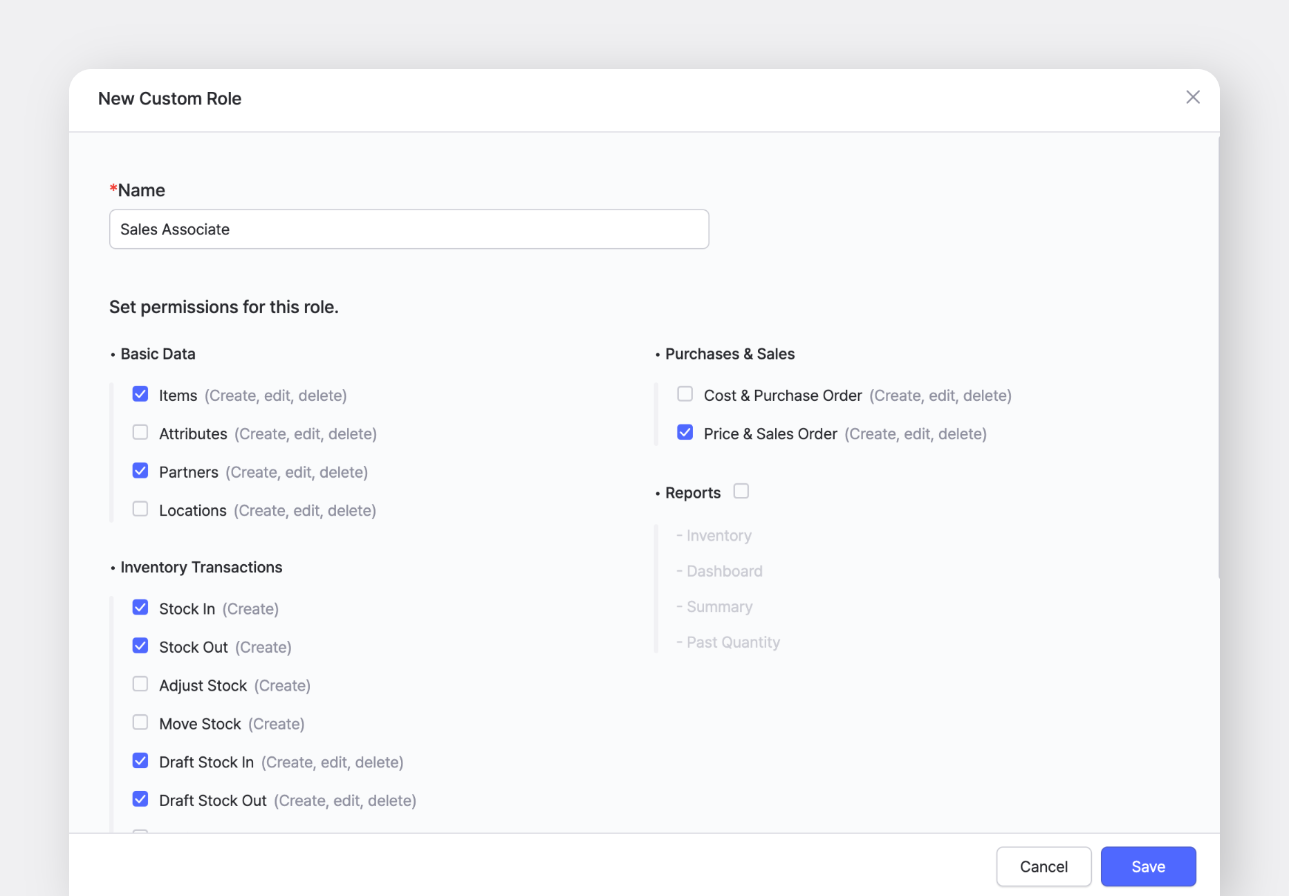 New custom role in BoxHero with user permissions pop-up