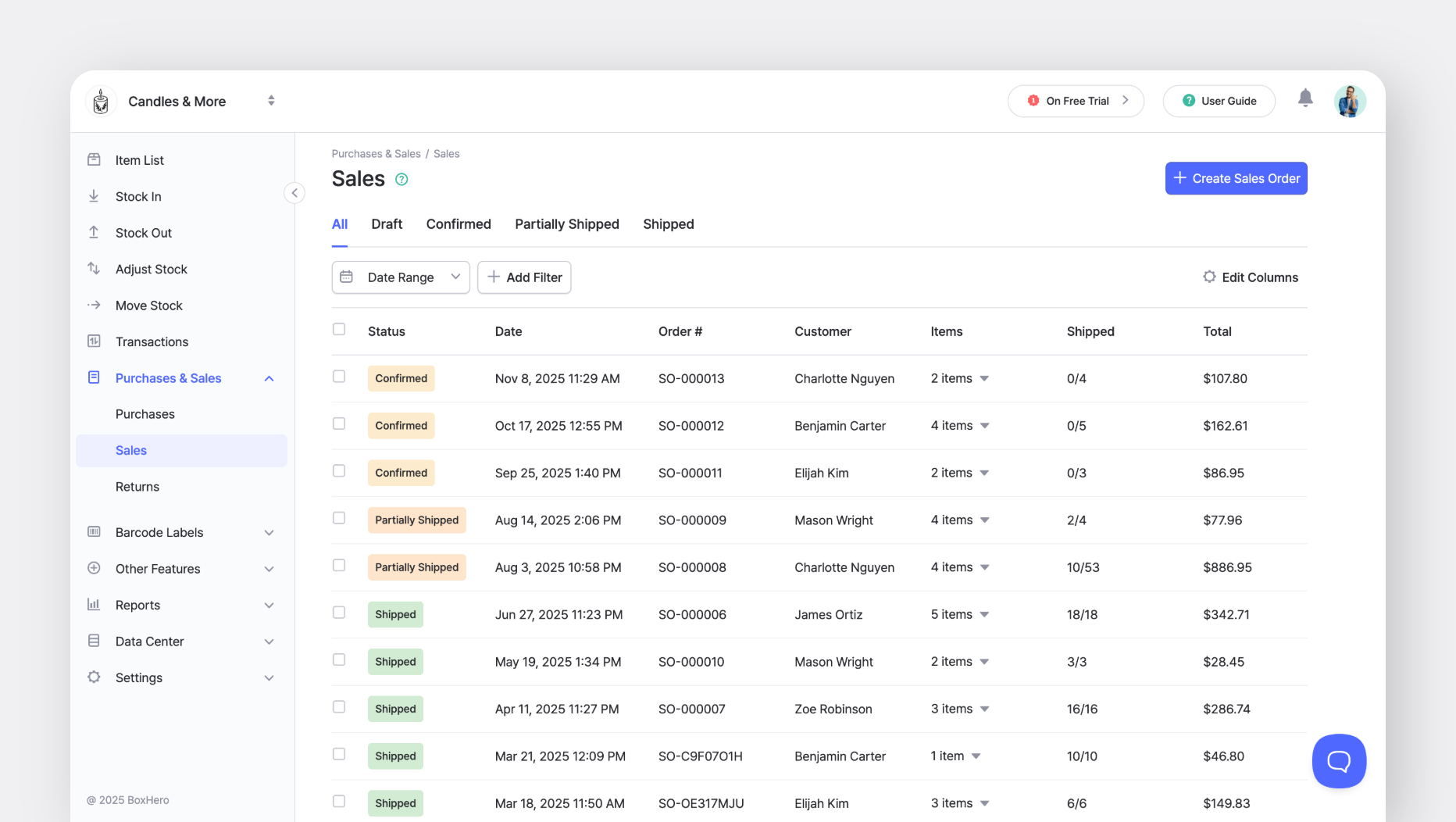 Sales Order list from BoxHero Desktop (Web)