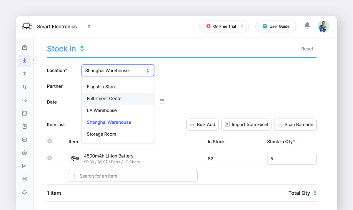 BoxHero Web UI: Stock In Transaction with Shanghai Warehouse Location selected