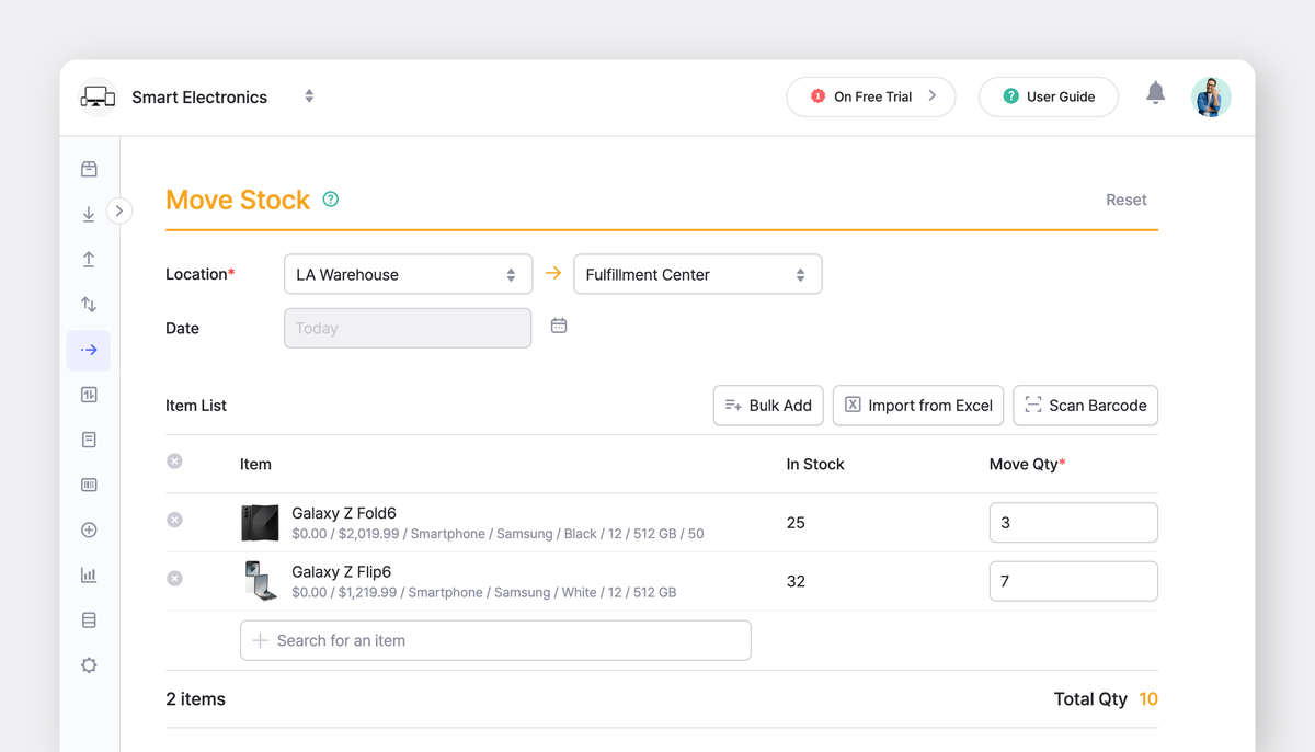 BoxHero Web UI: Move Stock Transaction with LA Warehouse and Fulfillment Center selected