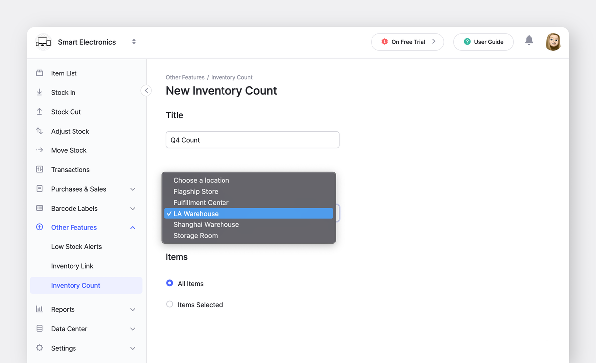 BoxHero Web UI: New Inventory Count with location selector
