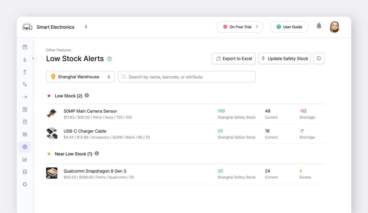 BoxHero Web UI: Low Stock Alerts Feature with Safety Stock Qty by Location