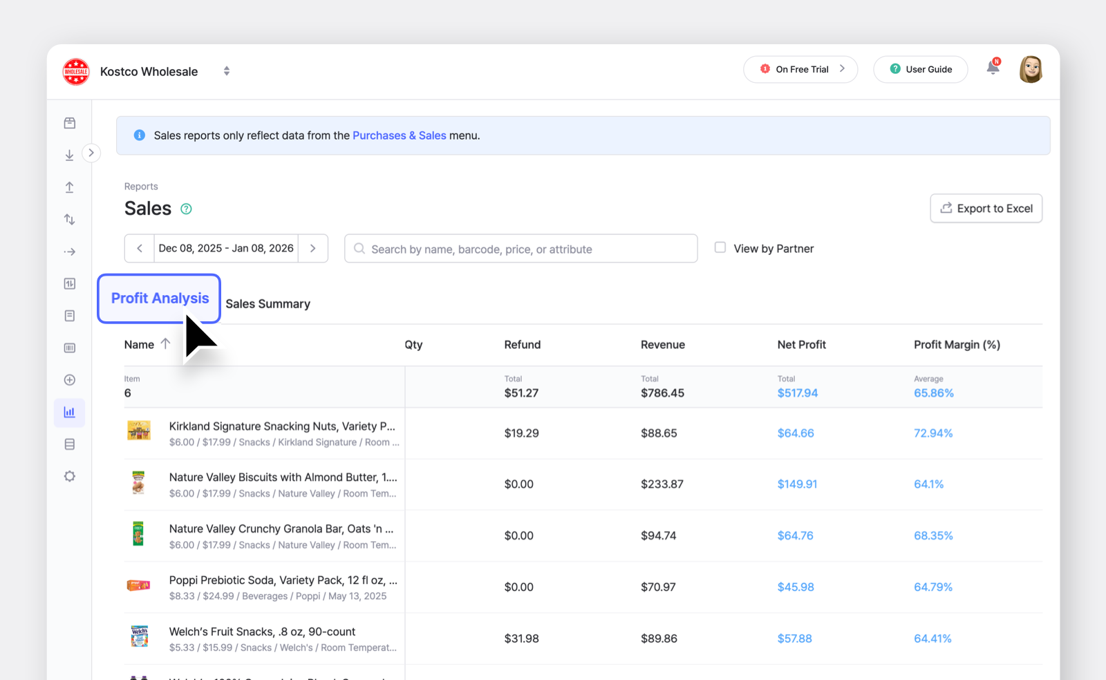 BoxHero Desktop App UI: Sales Reports > Profit Analysis tab