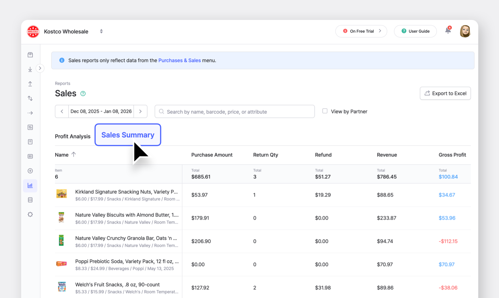 BoxHero Desktop App UI: Sales Reports > Sales Summary tab