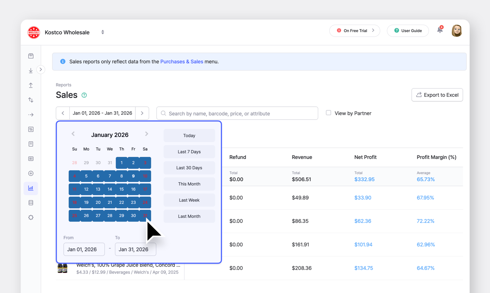 BoxHero Desktop App UI: Sales Reports Date Range Selection