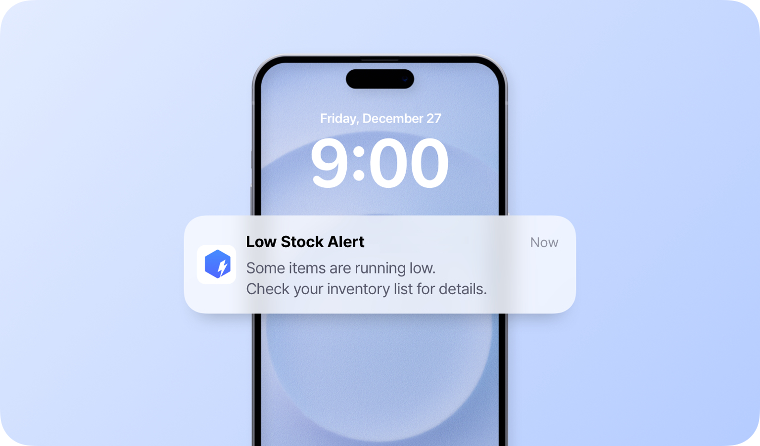 BoxHero App Push Notification for Low Stock Alert on a Mobile Device
