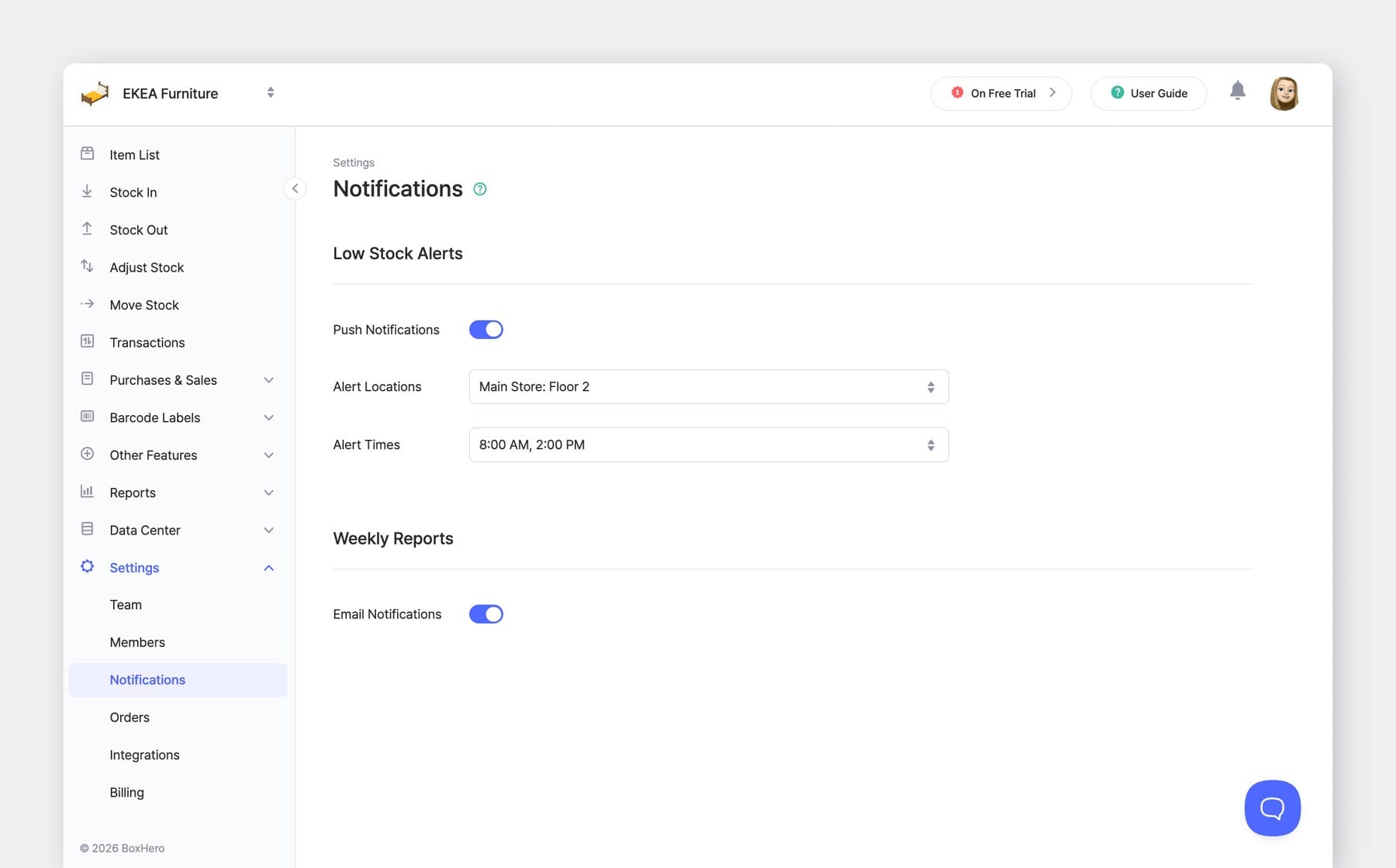 BoxHero Web UI Screenshot: Notifications > Low Stock Alerts and Weekly Reports