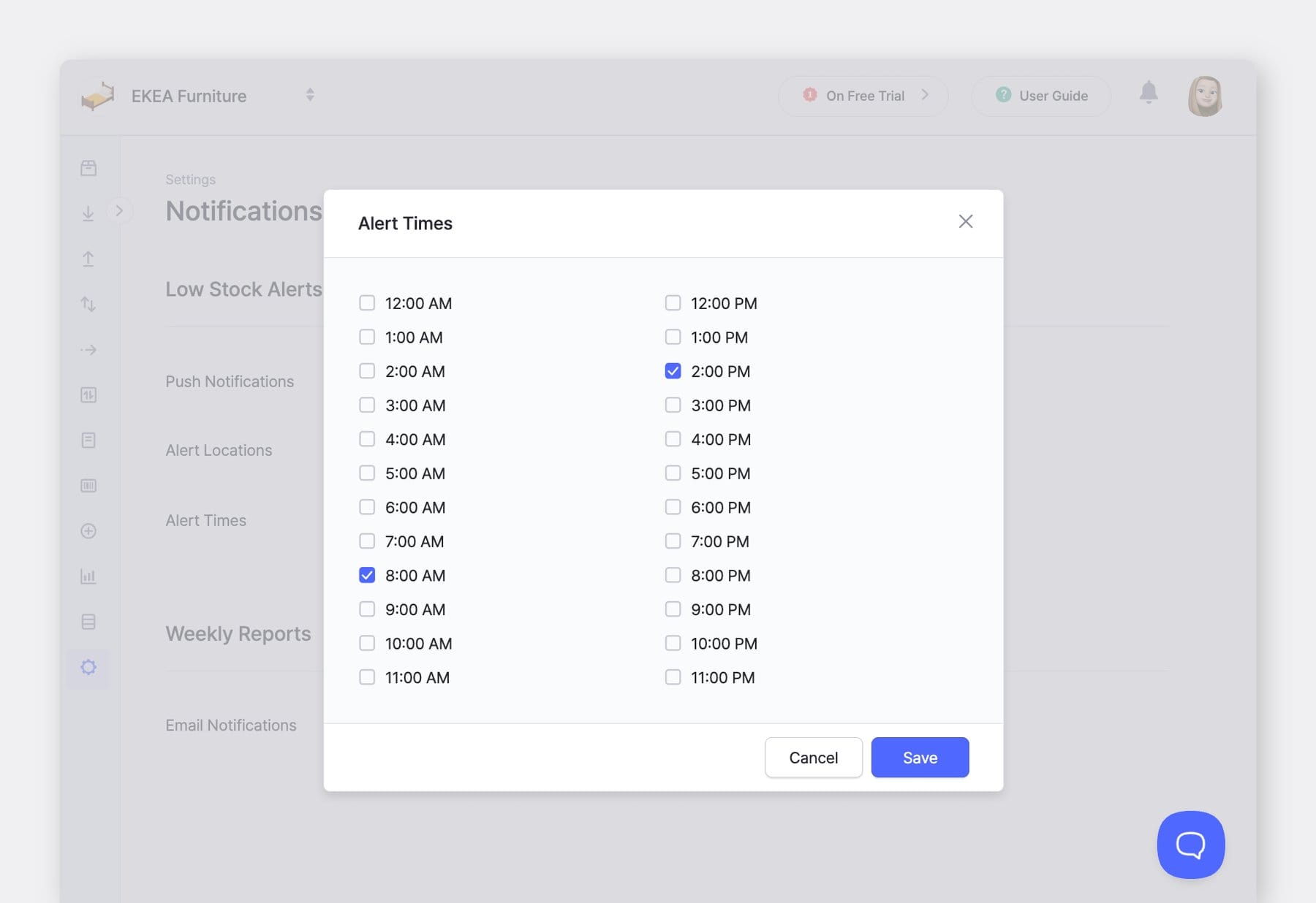 BoxHero Web UI: Notifications > Low Stock Alerts > Alert Times