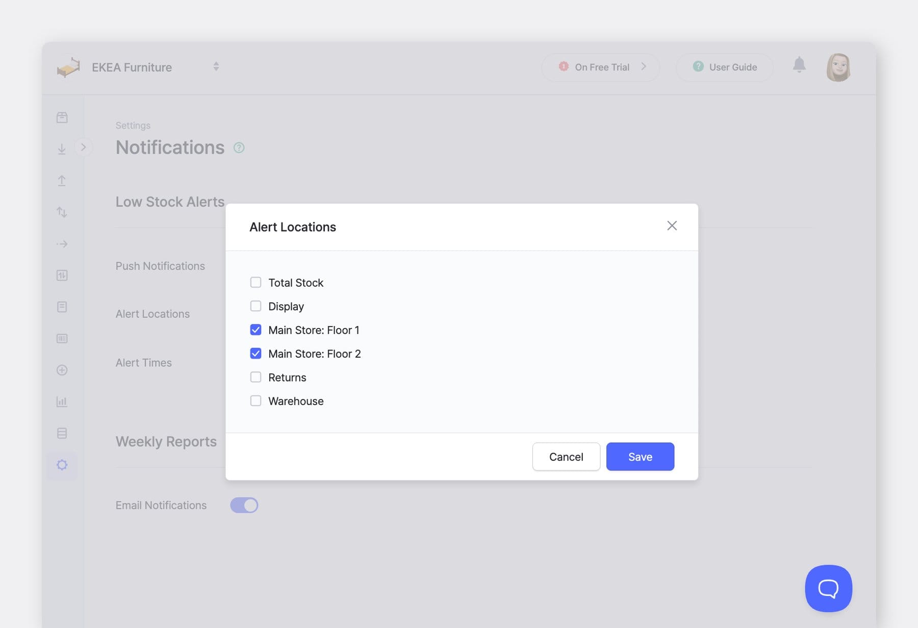 BoxHero Web UI: Notifications > Low Stock Alerts > Alert Locations
