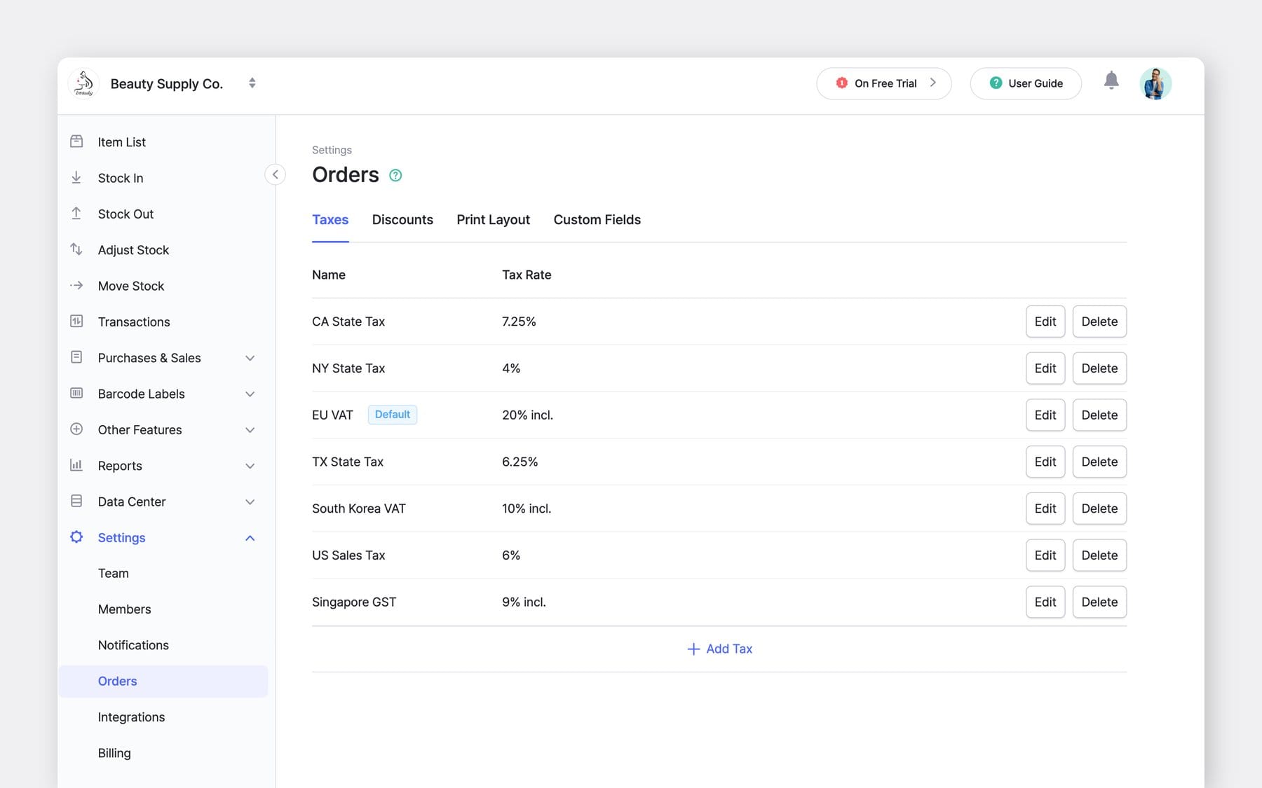 BoxHero Web UI Screenshot: Orders > Taxes with a list of tax rates