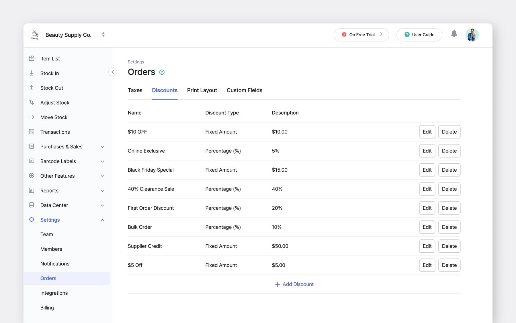 BoxHero Web UI Screenshot: Orders > Discounts with a list of fixed and percentage discounts
