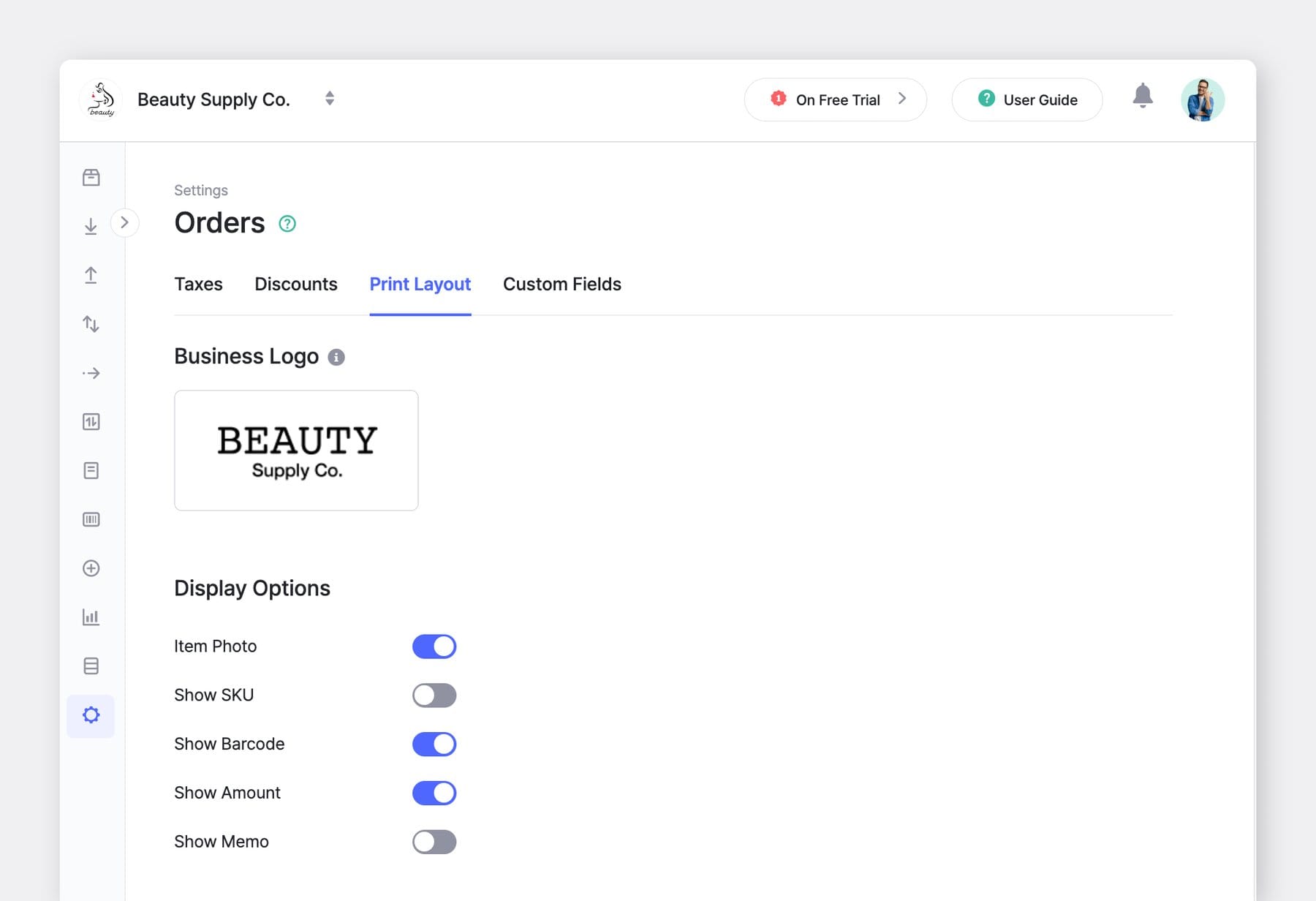 BoxHero Web UI Screenshot: Orders > Print Layout with Business Logo and Display Options