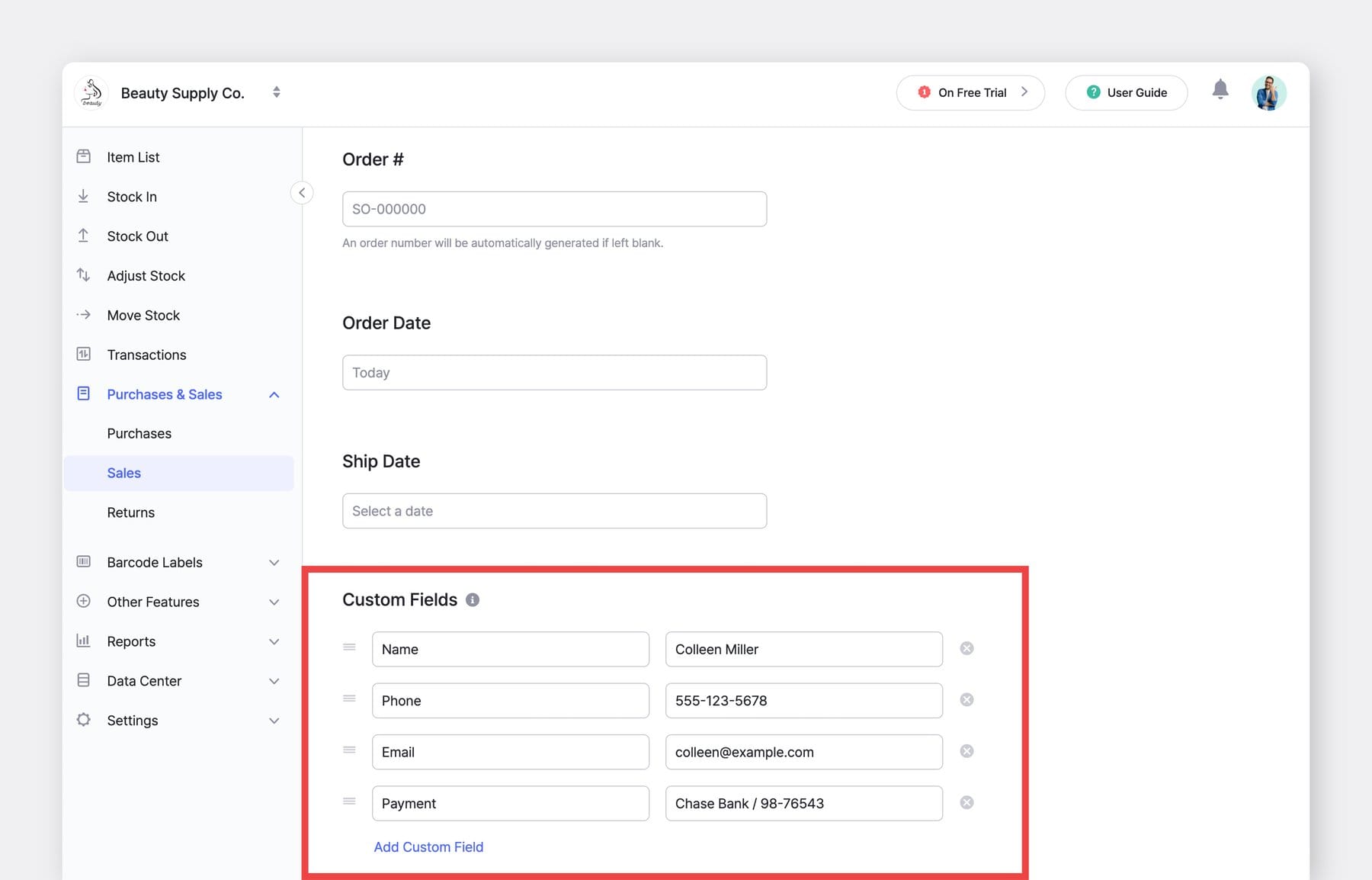 BoxHero Web UI Screenshot: New Sales Order with prefilled Custom Field values
