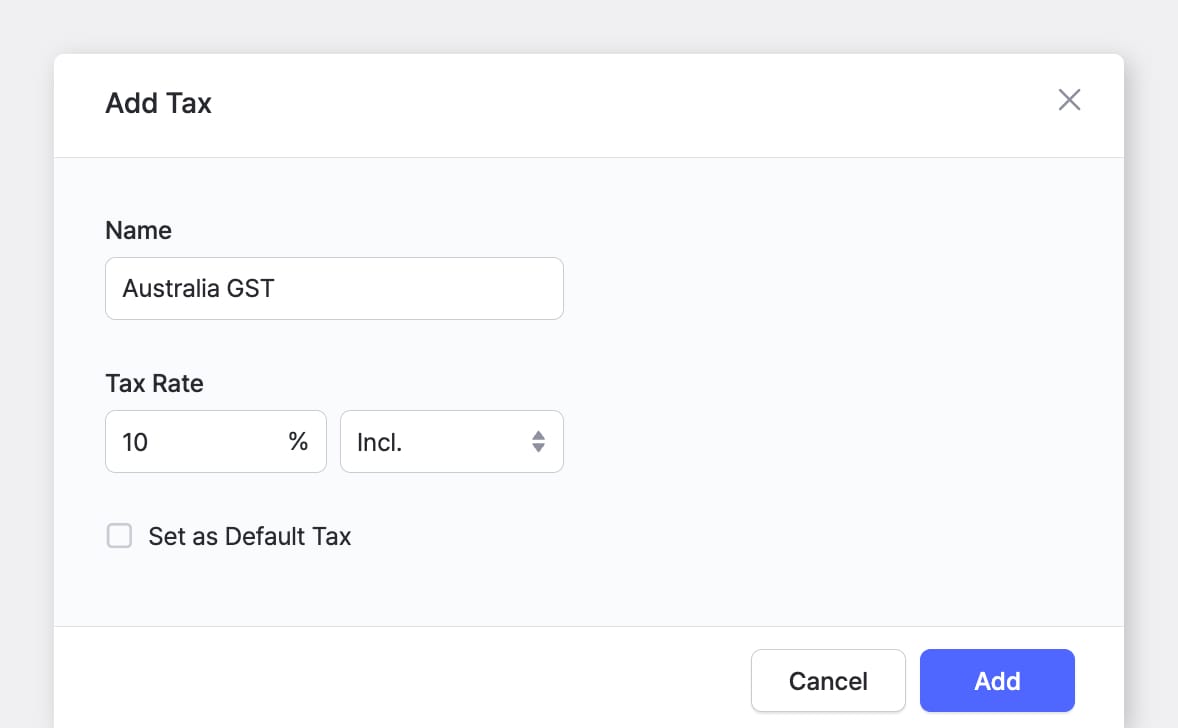 BoxHero Web UI Screenshot: "Add Tax" Pop Up with Name and Tax Rate