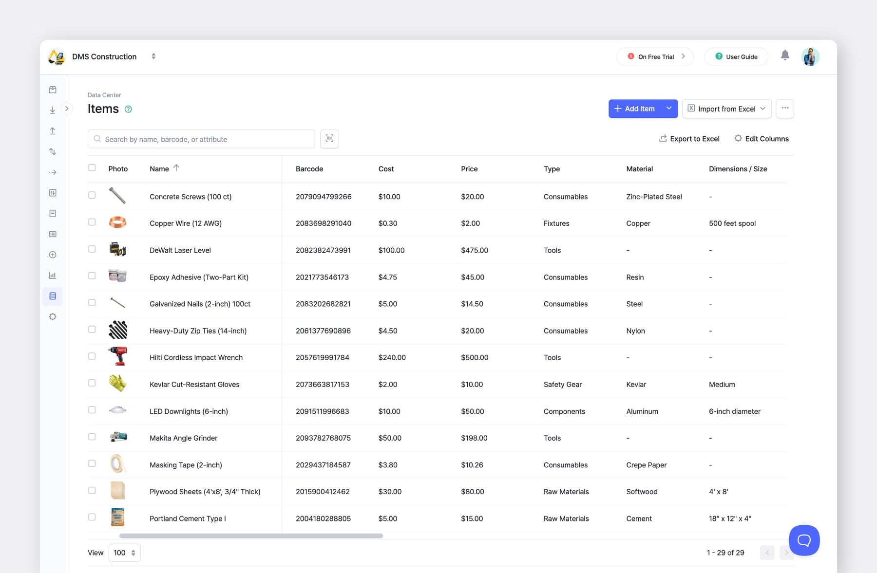BoxHero Desktop App (Web) UI Screenshot: Data Center > Items