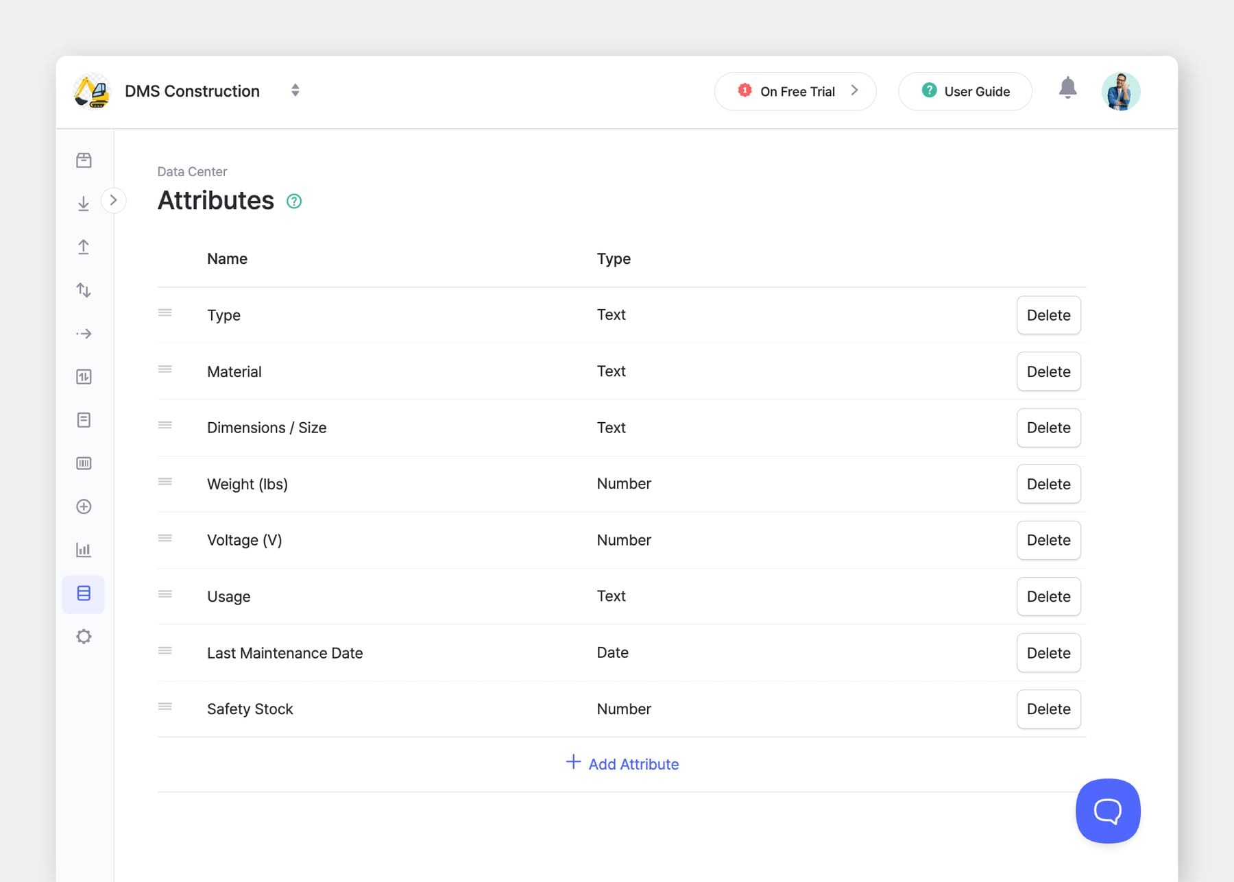 BoxHero Desktop App (Web) UI Screenshot: Data Center > Attributes