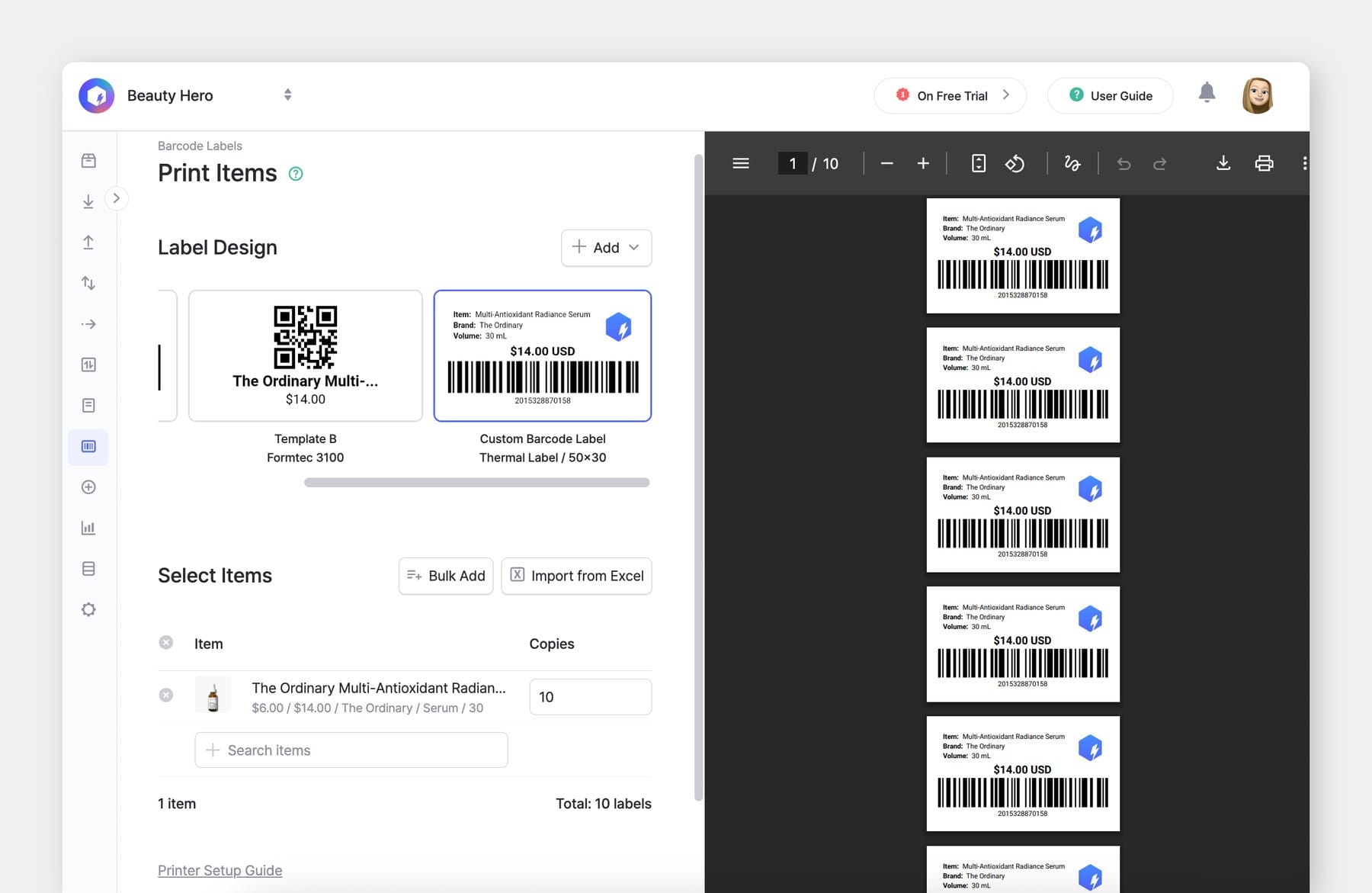 BoxHero Web UI Screenshot: Barcode Labels > Print Items using custom label design