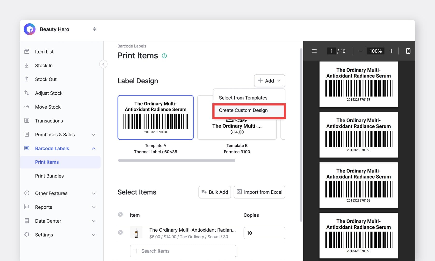 BoxHero Web UI Screenshot: Barcode Labels > Print Items > Add > Create Custom Design