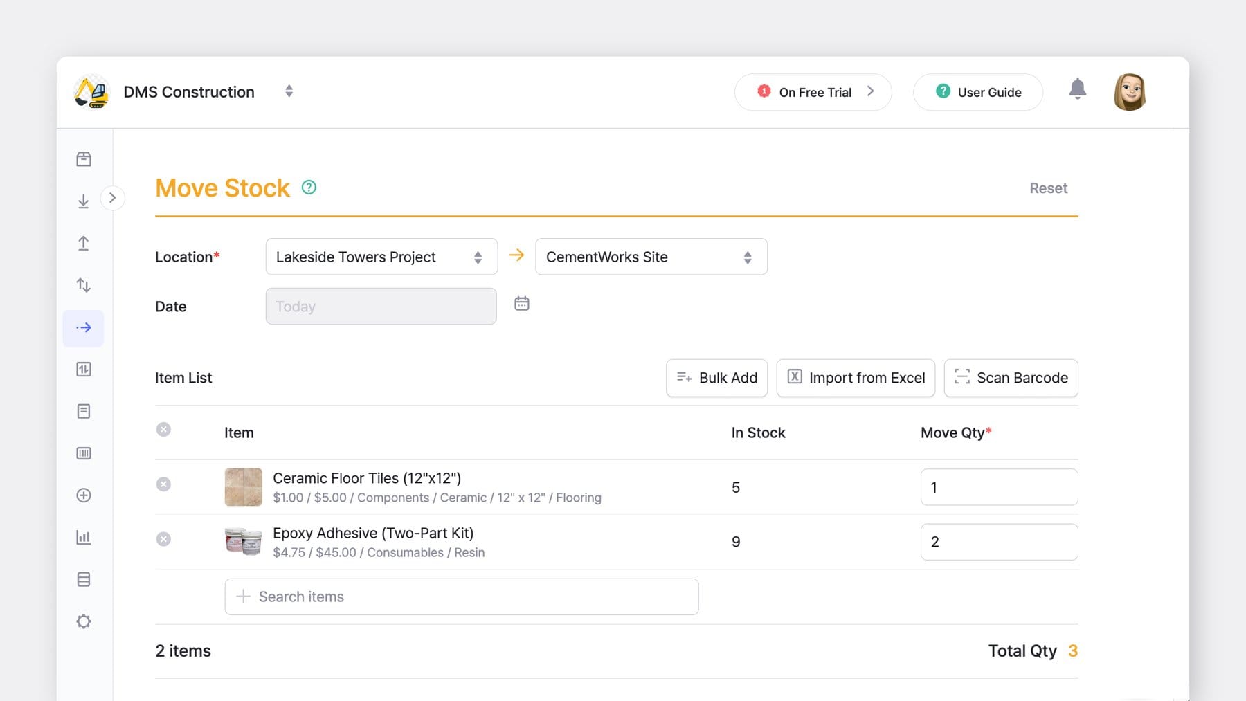 BoxHero Desktop App (Web) UI Screenshot: "Move Stock" Inventory Transaction