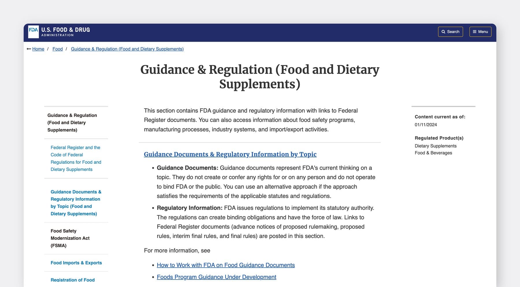 Screenshot from US FDA Homepage: Guidance & Regulation (Food and Dietary Supplements)