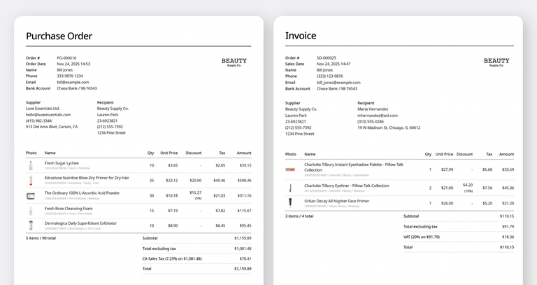 Sample Purchase Order and Sales Invoice PDF Generated from BoxHero