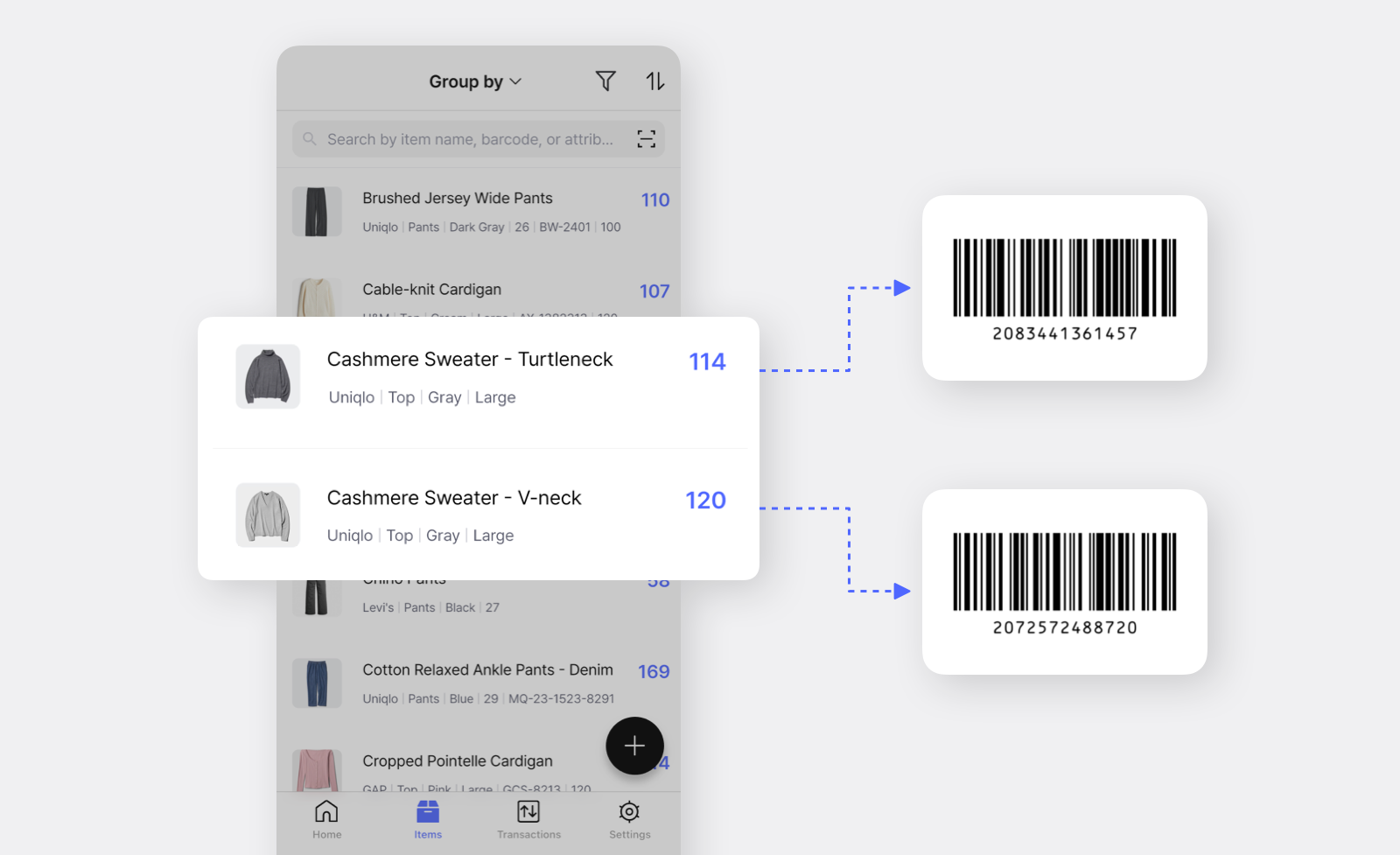 BoxHero Mobile App UI: Cashmere Sweaters with Different Barcodes