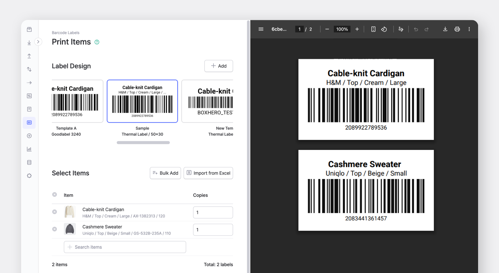 BoxHero Web (Dekstop) UI Screen: Barcode Labels > Print Items