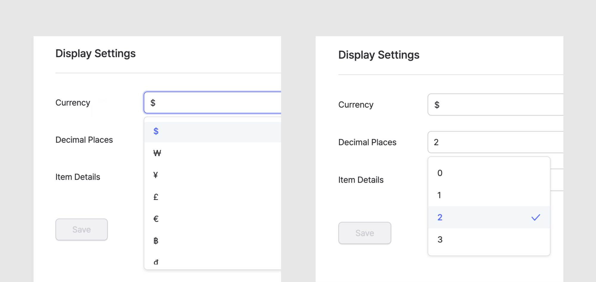 BoxHero display settings showing currency selection dropdown and decimal place options for pricing 