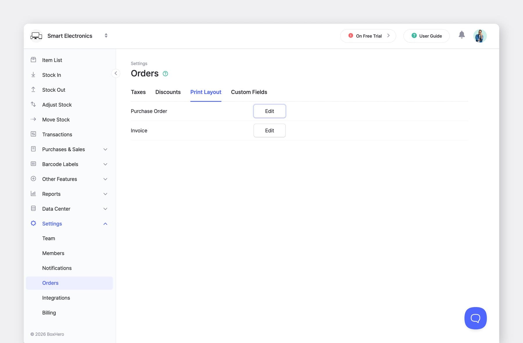 BoxHero Web Screenshot: Settings > Orders > Print Layout