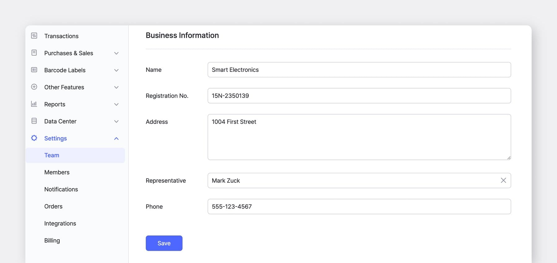 BoxHero Web UI Screenshot: Settings > Team > Business Information