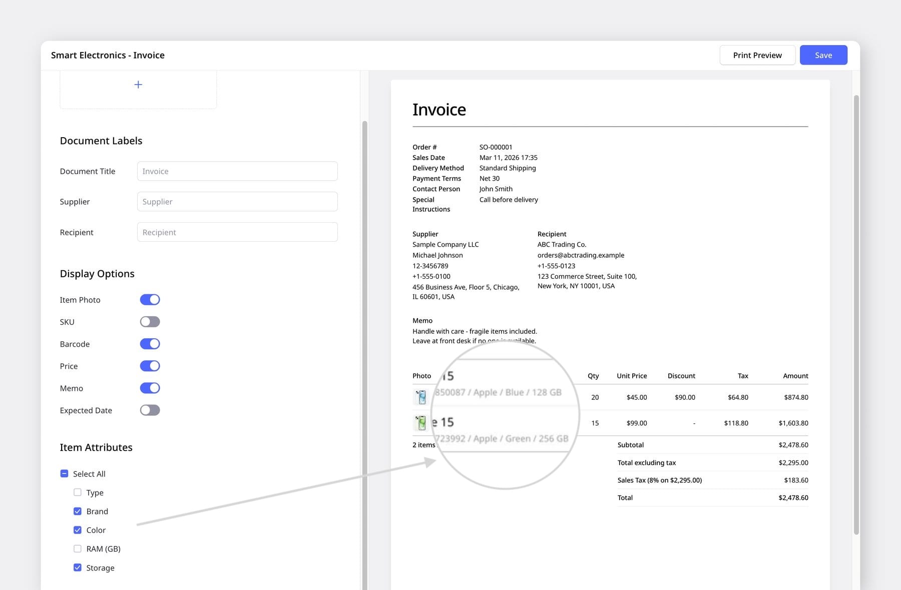 Screenshot of an BoxHero invoice customization interface with sidebar toggle options for Item Attributes