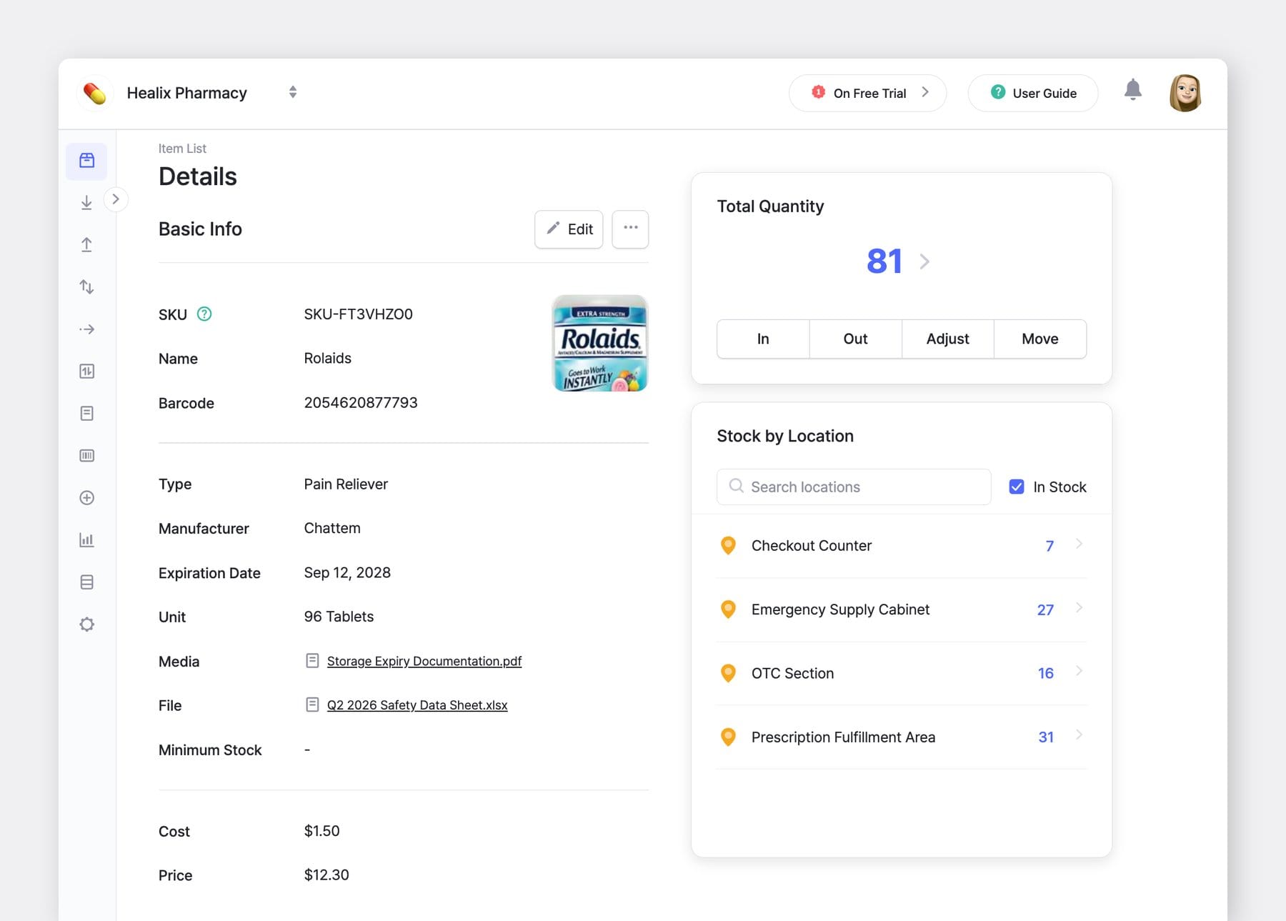BoxHero item detail page for a pharmacy product showing file attributes with attached storage expiry documentation and safety data sheet