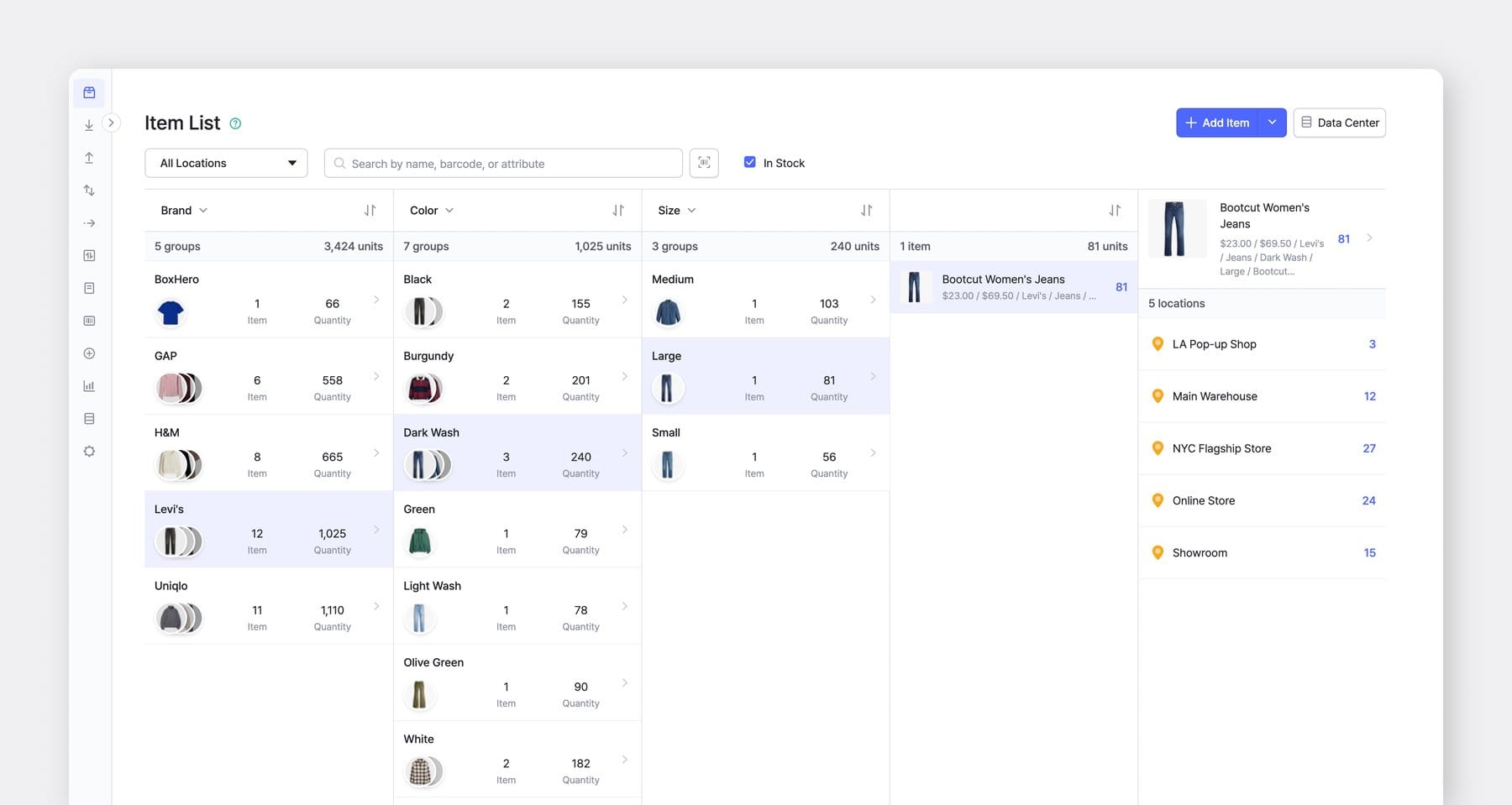 BoxHero item list grouped by brand, color, and size showing item counts and stock quantities across categories