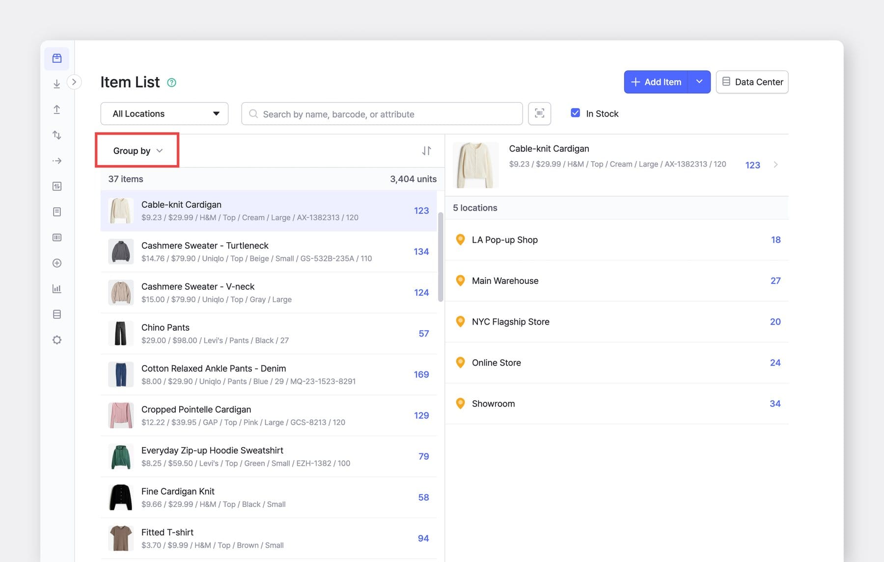 BoxHero item list with group by feature showing stock quantities across multiple locations including warehouse and retail stores