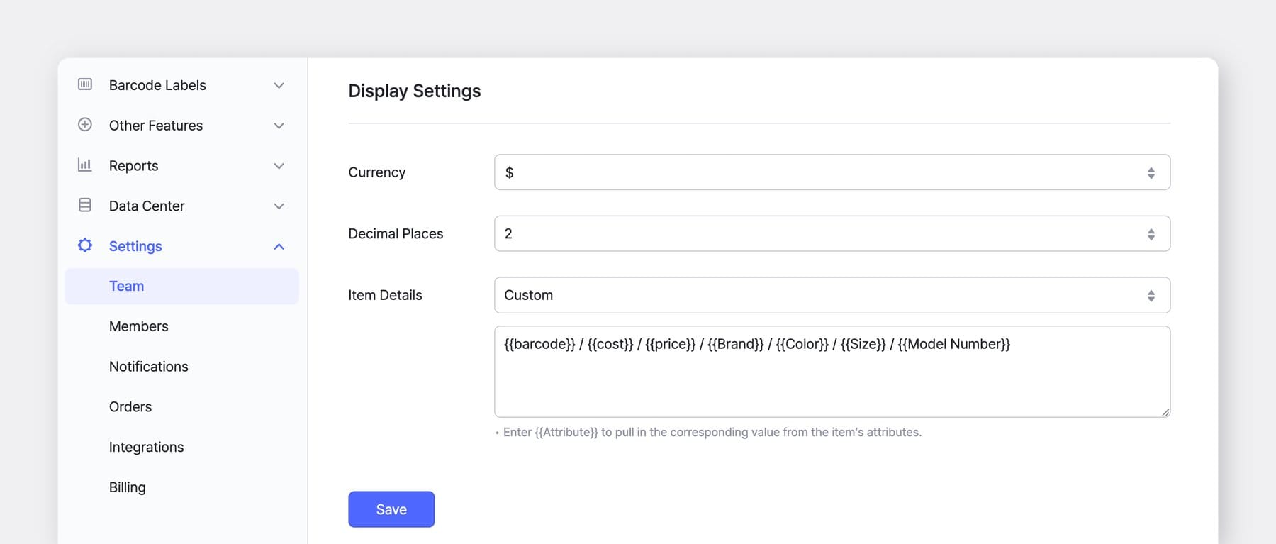 BoxHero Web UI: Display settings with custom item detail fields including barcode, cost, price, brand, color, size, and model number
