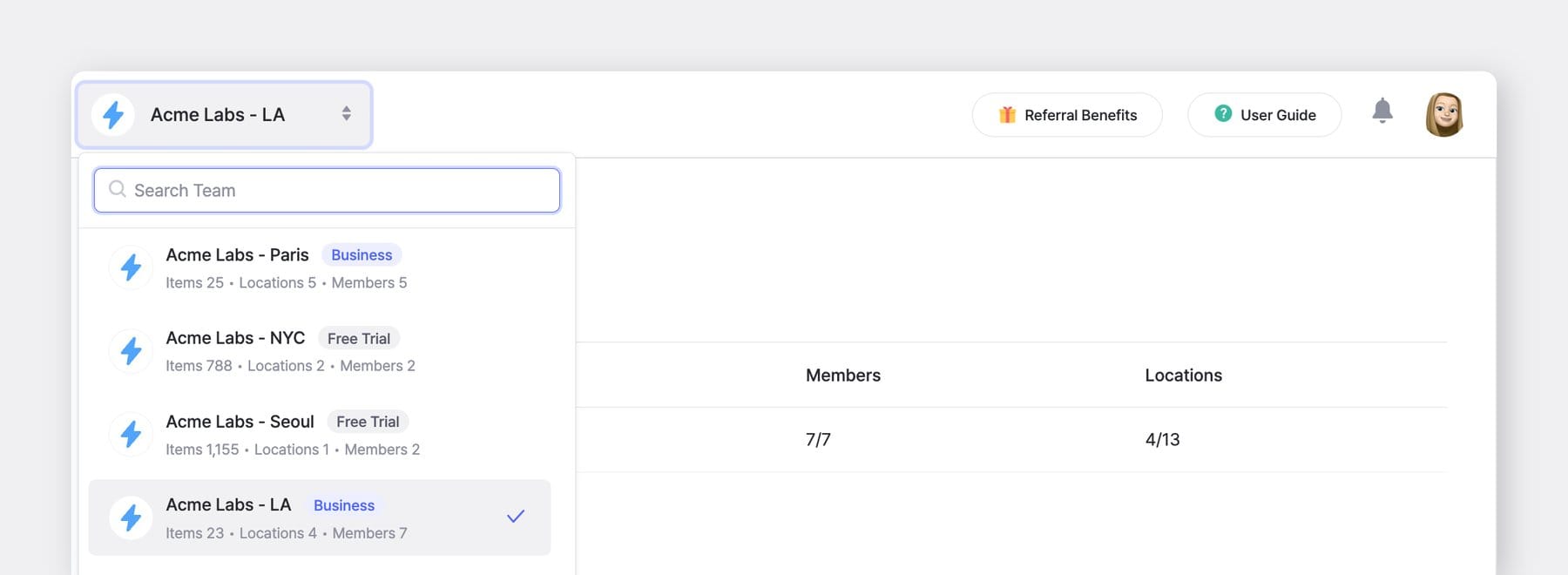 BoxHero Web UI showing team switcher dropdown with multiple workspaces, including item counts, locations, and member details