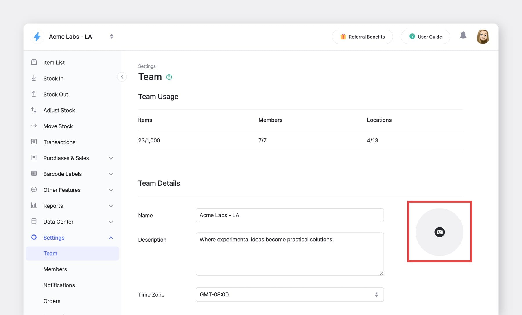 BoxHero Web UI: Settings > Team page displaying item limits, member usage, locations, and option to upload a team profile image