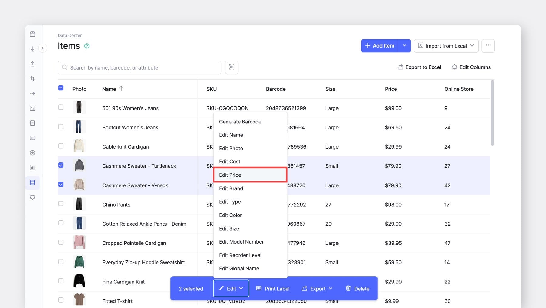BoxHero Data Center > Items page showing item list with bulk edit menu, including option to update item prices and details