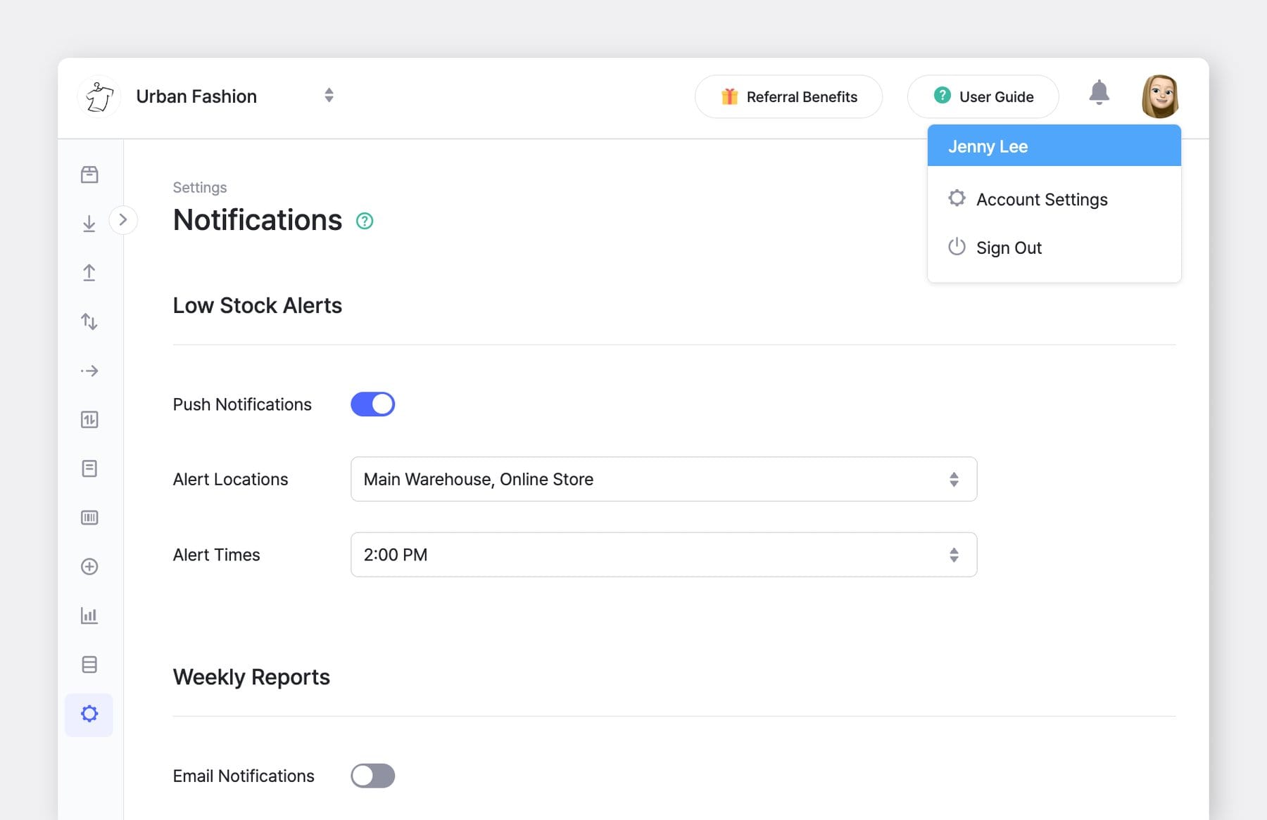BoxHero notifications settings page with low stock alerts, push notifications toggle, alert locations, and scheduled alert times