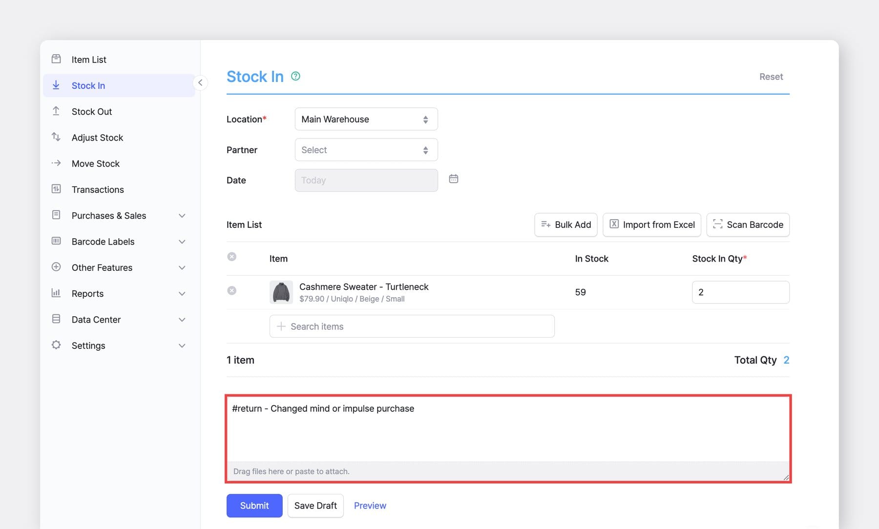Stock in form in BoxHero with item entry, quantity input, and return reason note using tags for tracking