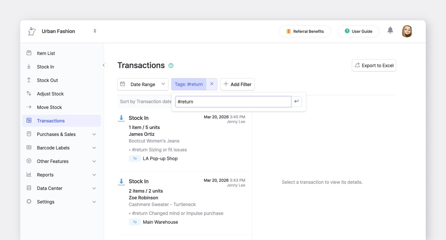 BoxHero inventory transactions page filtered by return tag showing stock movements, item details, timestamps, and locations