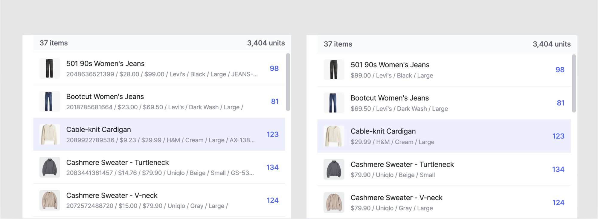 BoxHero Item List comparison showing detailed item attributes versus simplified view with price, brand, color, and stock quantity