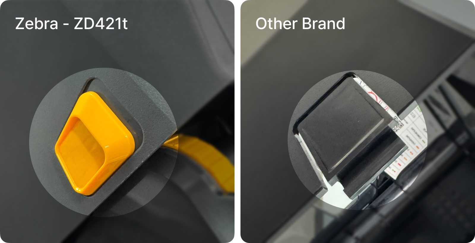 Close-up comparison of ribbon cartridge designs: Zebra ZD421t with a yellow diamond-shaped cartridge slot versus another brand with a narrower, more cramped cartridge mechanism